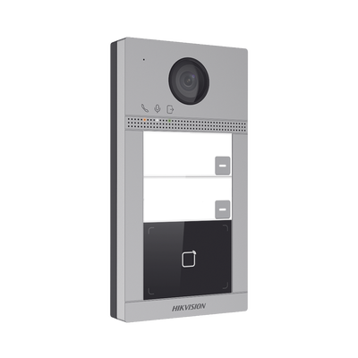Videoportero IP (IP65 + IK08) con Llamada y apertura desde APP Hik-Connect / Soporta 2 Departamentos / PoE Estandar / Interfaz WEB para configuración / 2 puertas