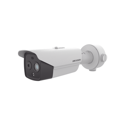 Bala IP Dual / Térmica 9.7 mm ( 256 × 192 ) / Óptico 8 mm (4 Megapixel) / 30 mts IR / Exterior IP67 / PoE / Termométrica / Detección de Temperatura / Sirena y Luz Intermitente Integrada