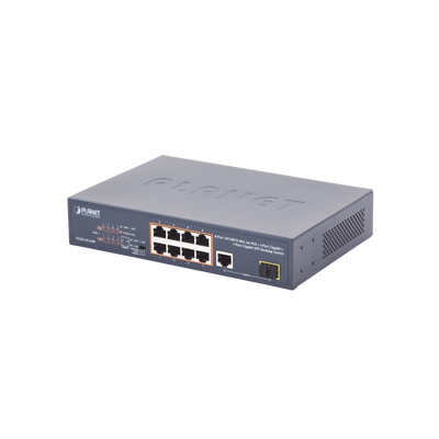 Switch no Administrable 8 puertos 10/100 c/ PoE, 1 puerto Uplink 10/100/1000 y 1 SFP 100/1000 para escritorio