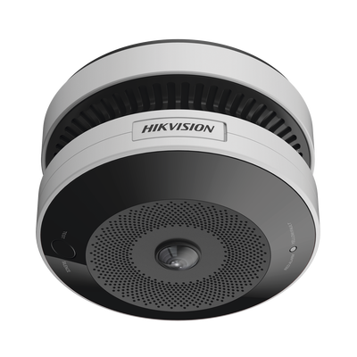Mini Fisheye IP 4 Megapixel con Detector de Humo / Autónomo / Entrada y Salida de Alarma / 15 mts IR / PoE / WDR 120 dB / Alarma de 85 dB / Onvif / Batería de respaldo incluida