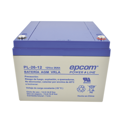 Batería de Respaldo para equipo electrónico / UL / 12V @ 26 Ah / Tecnología AGM-VRLA / Uso en: Alarmas de intrusión / Incendio / Control de acceso / CCTV / Terminales tipo F1.