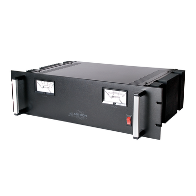 Fuente de poder 13.8Vcd, 50A, lineal regulada con circuito cargador de baterías, medidores, para instalación en rack