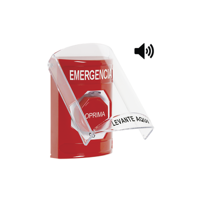 Botón de Emergencia en Español con Tapa Protectora de Policarbonato Súper Resistente, Acción Mantenida, Girar para Restablecer y Sirena