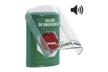 Botón de Salida de Emergencia en Español con Tapa Protectora de Policarbonato Súper Resistente, Acción Mantenida, Girar para Restablecer y Sirena
