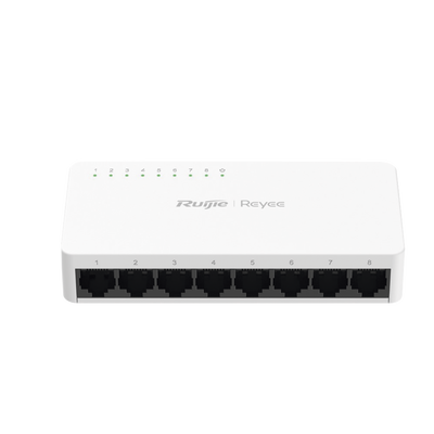 Switch non-PoE de 8 puertos 10/100/1000 Mbps no administrable, visible en Ruijie Cloud, con alta fiabilidad de red