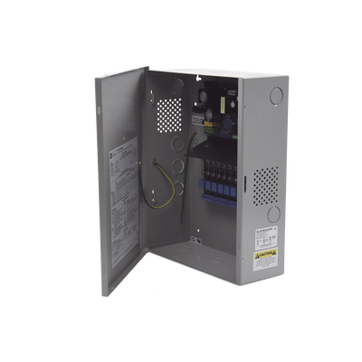 Fuente para aplicaciones en control de acceso, y detección de incendio, con capacidad de respaldo para 12 y 24 Vcd @ 4 A , con 8 circuitos de control ( NO ) y 8 circuitos de control trigger voltaje de entrada de : 115 Vca, requiere batería.