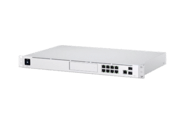 UniFi Dream Machine Pro, con un puerto 10G SFP+ WAN / 1 GbE WAN / 8 puertos 10/100/1000 Mbps RJ-45 LAN, y una bahía de HDD 3.5", integra todos los controladores UniFi