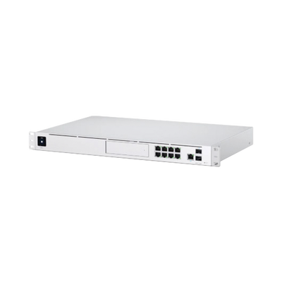 UniFi Dream Machine Pro, con un puerto 10G SFP+ WAN / 1 GbE WAN / 8 puertos 10/100/1000 Mbps RJ-45 LAN, y una bahía de HDD 3.5", integra todos los controladores UniFi