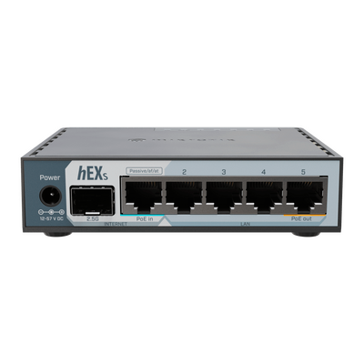 Router hEX S / 5 Puertos Gigabit Ethernet / 1 Puerto SFP 2.5G / Dual-Core ARM / 512 MB RAM / RouterOS V7 / PoE-In y PoE-Out / Montaje en Pared