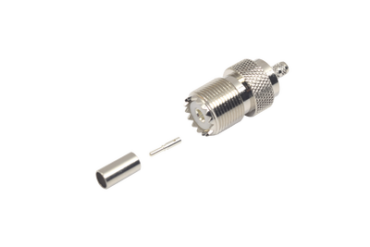 Conector UHF Hembra (SO-239) en Línea, de Anillo Plegable para Cable RG-58/U, RG-142/U, Níquel/ Plata/ Delrin.